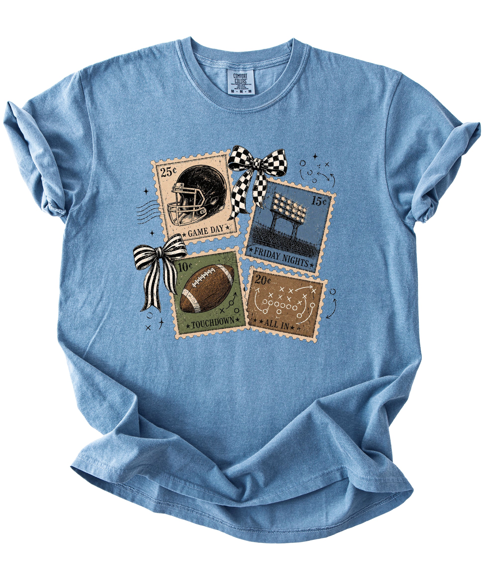 Vintage Football Stamps Coquette Bow Comfort Colors tee in Blue Jean - view 7