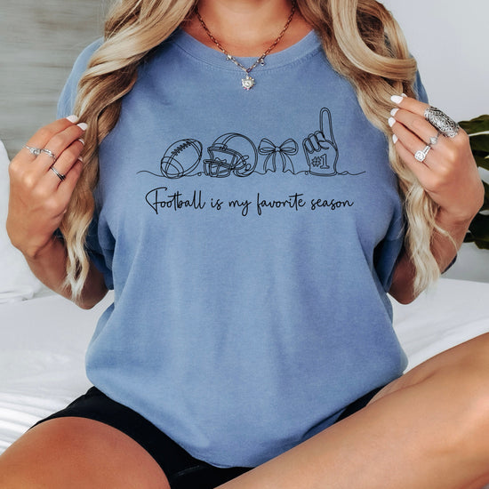 Football is My Favorite Season game day coquette bow Comfort Colors tee, Blue Jean Shirt, view 7