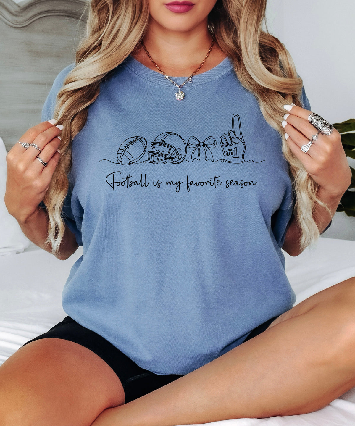 Football is My Favorite Season game day coquette bow Comfort Colors tee, Blue Jean Shirt, view 7