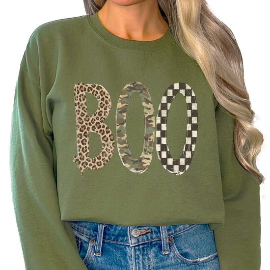 Halloween Boo sweatshirt in Army Green with leopard, camo and checkered boo graphic, front view