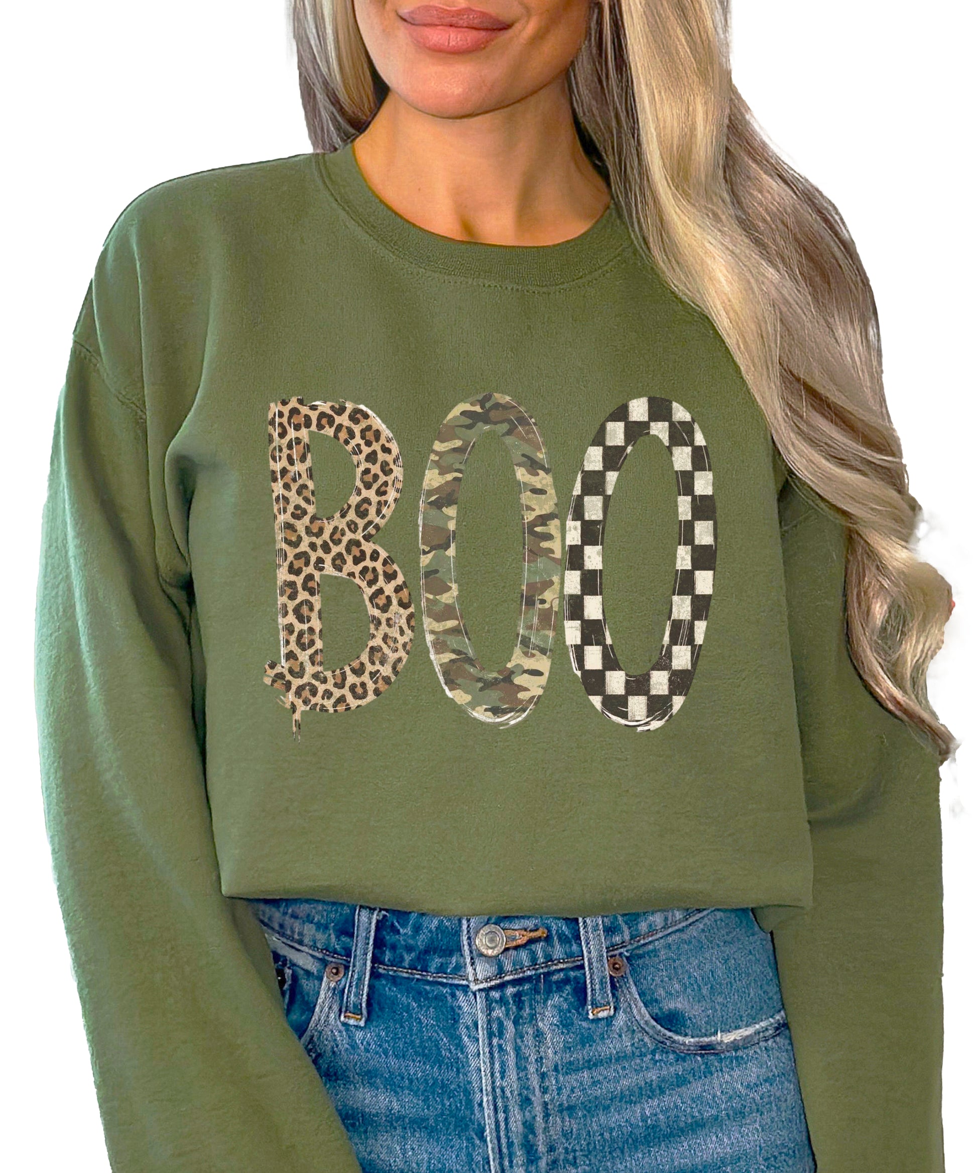 Halloween Boo sweatshirt in Army Green with leopard, camo and checkered boo graphic, front view