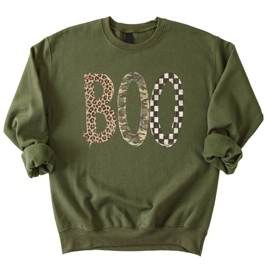 Halloween Boo sweatshirt in Army Green with leopard, camo and checkered boo graphic, flat lay