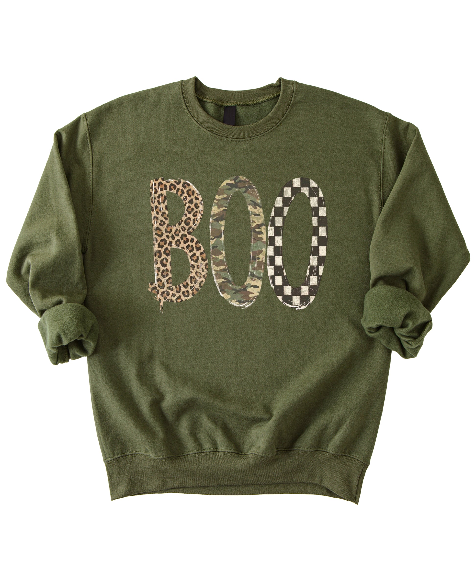 Halloween Boo sweatshirt in Army Green with leopard, camo and checkered boo graphic, flat lay