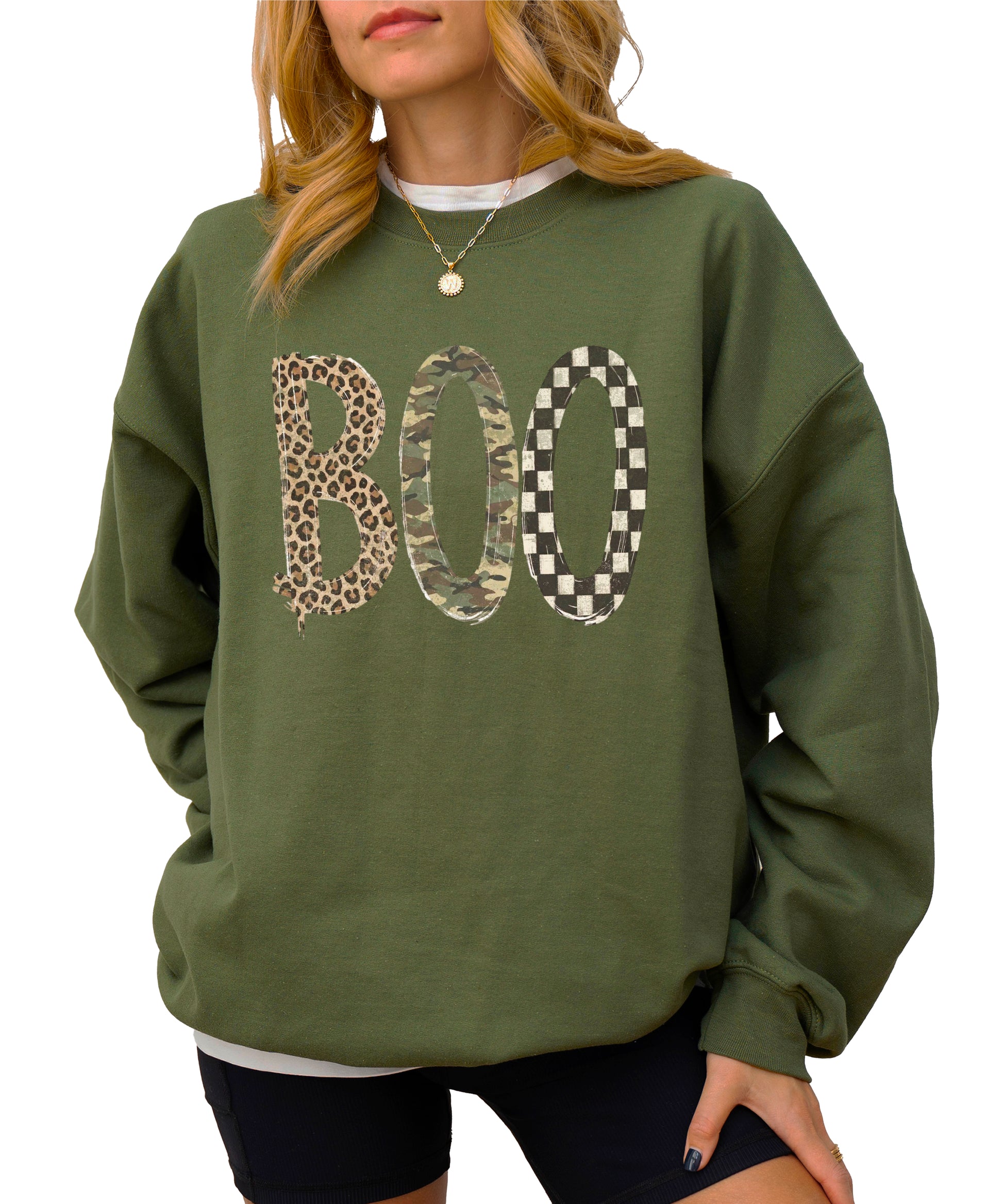 Halloween Boo sweatshirt in Army Green with leopard, camo and checkered boo graphic, lifestyle view