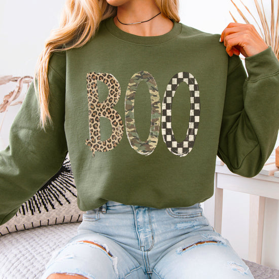 Halloween Boo sweatshirt in Army Green with leopard, camo and checkered boo graphic, design close-up