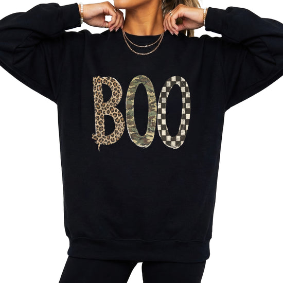 Halloween Boo sweatshirt in Black with leopard, camo and checkered boo graphic, front view