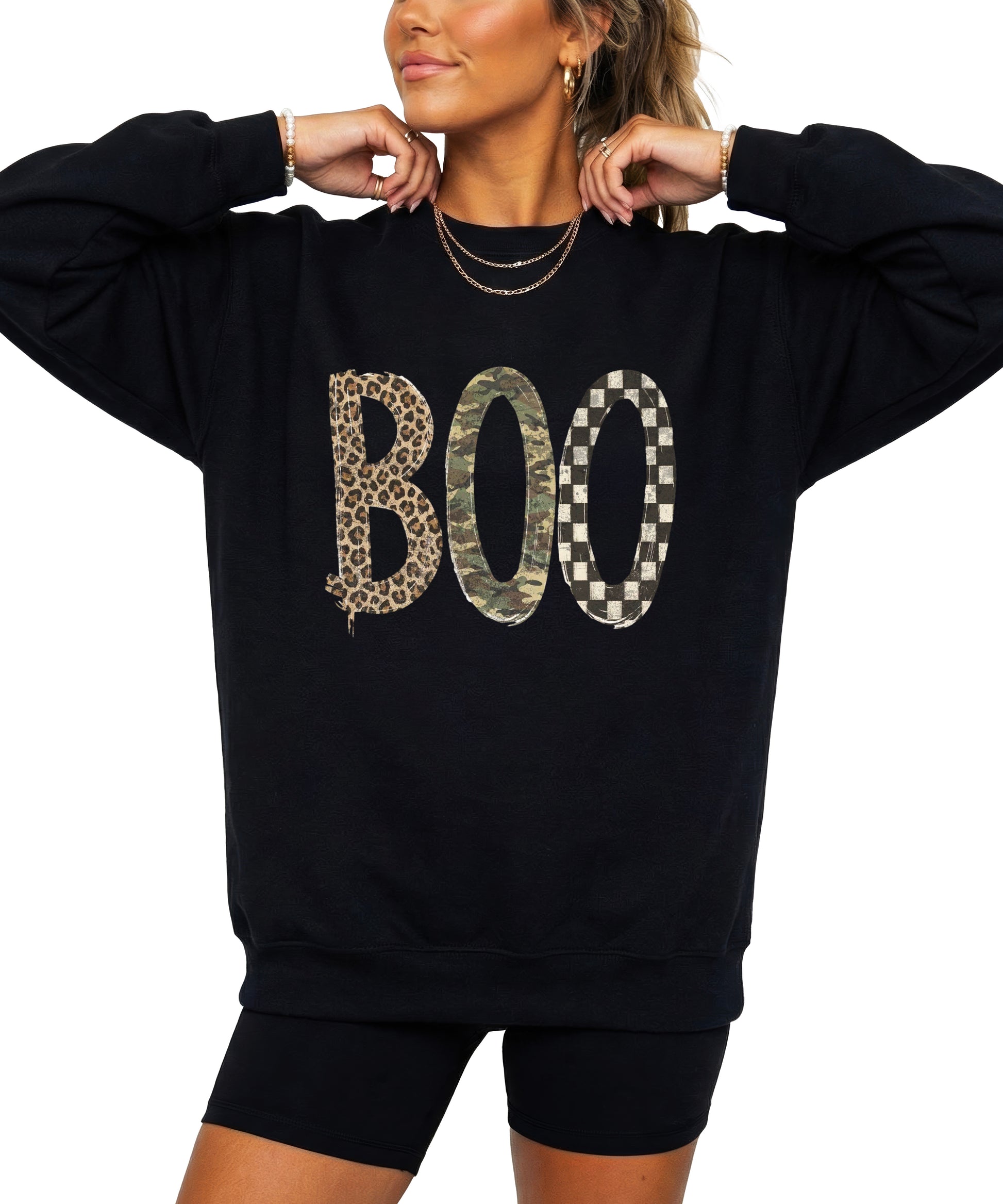 Halloween Boo sweatshirt in Black with leopard, camo and checkered boo graphic, front view