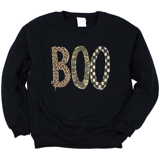 Halloween Boo sweatshirt in Black with leopard, camo and checkered boo graphic, flat lay