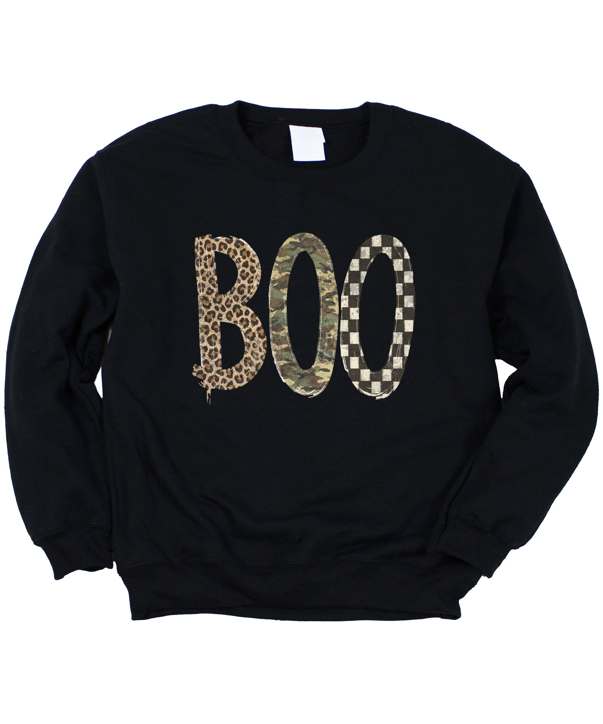 Halloween Boo sweatshirt in Black with leopard, camo and checkered boo graphic, flat lay