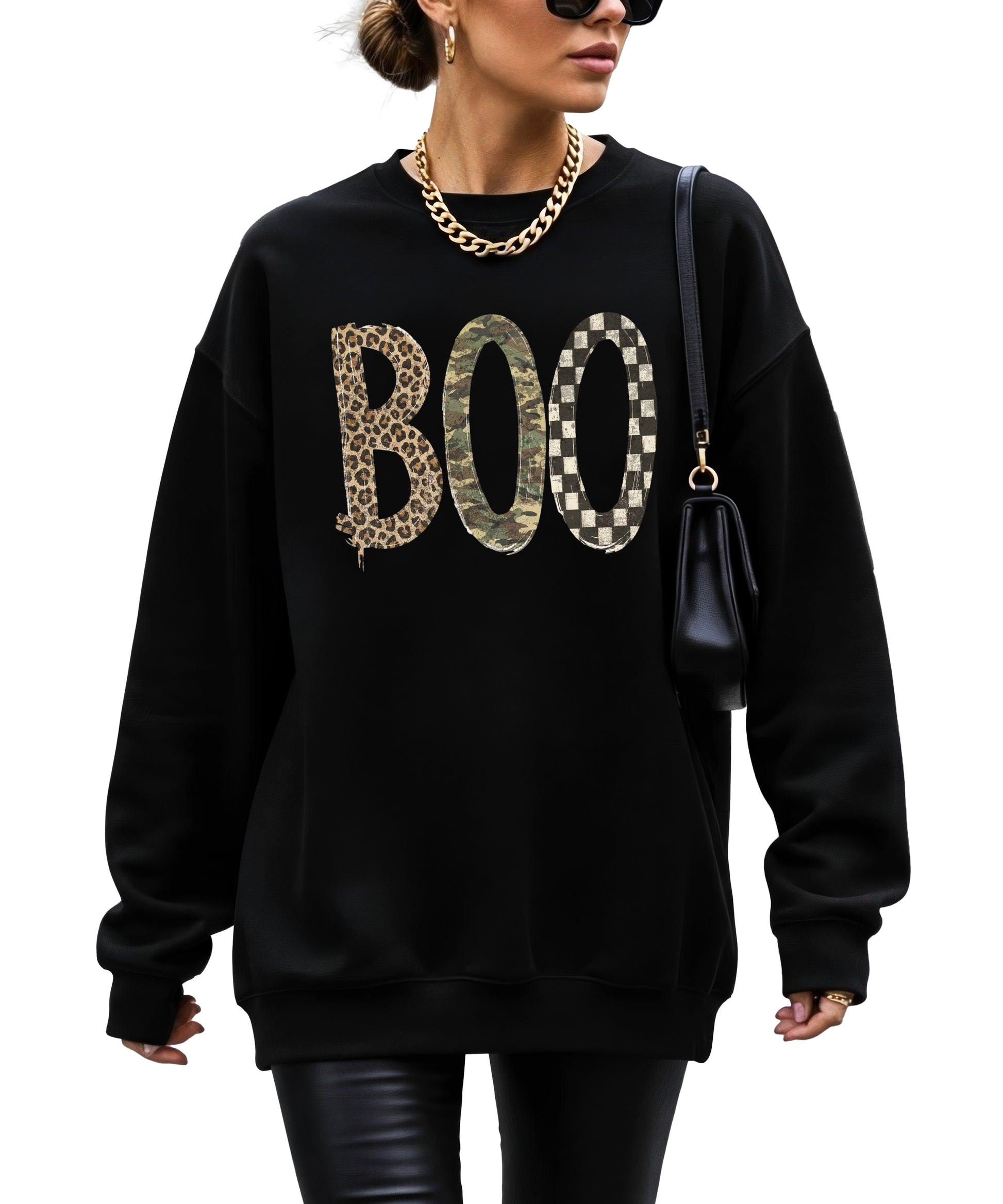 Halloween Boo sweatshirt in Black with leopard, camo and checkered boo graphic, lifestyle view