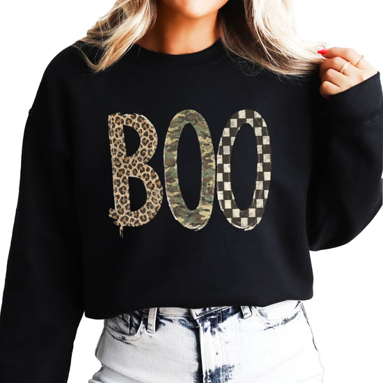 Halloween Boo sweatshirt in Black with leopard, camo and checkered boo graphic, design close-up