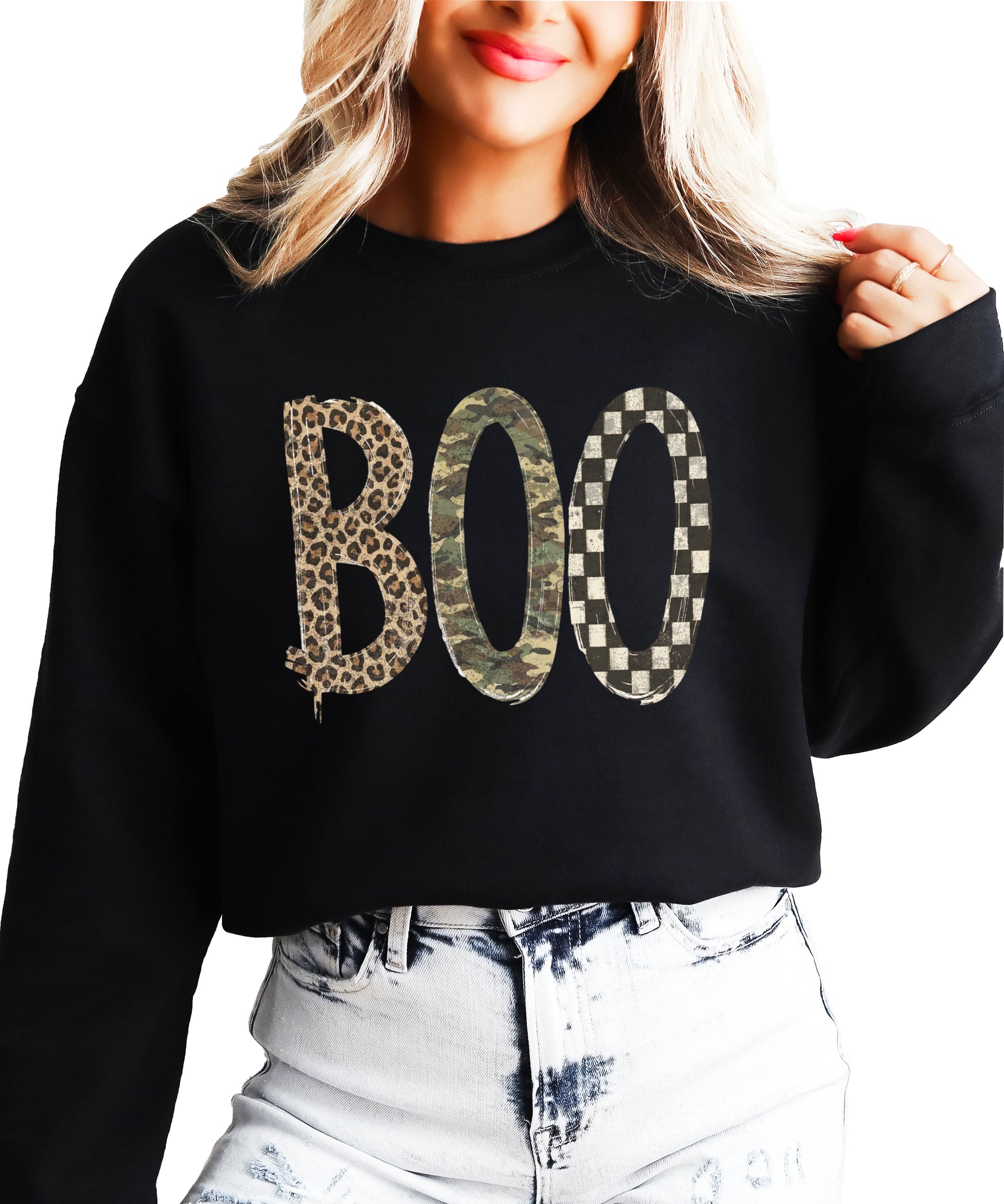 Halloween Boo sweatshirt in Black with leopard, camo and checkered boo graphic, design close-up