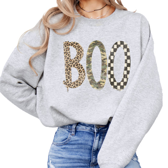 Halloween Boo sweatshirt in Gray with leopard, camo and checkered boo graphic, front view