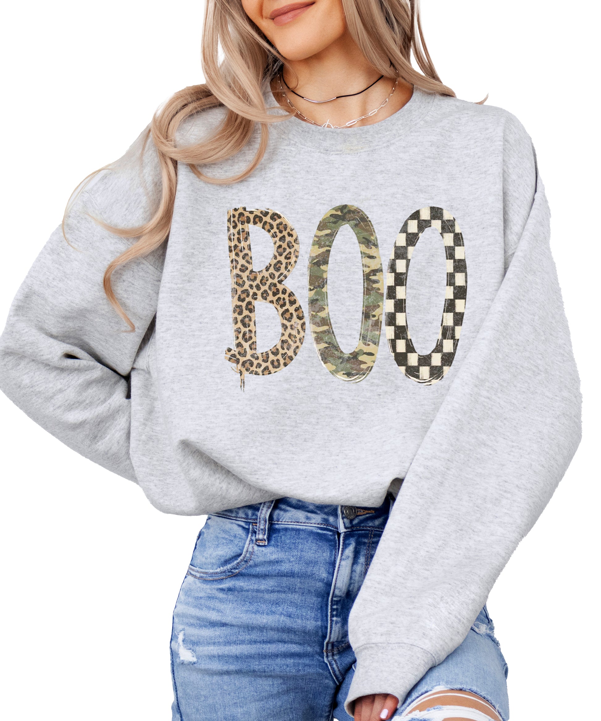 Halloween Boo sweatshirt in Gray with leopard, camo and checkered boo graphic, front view