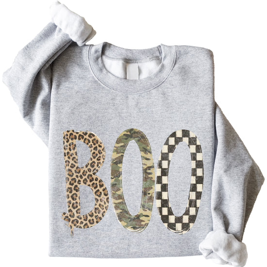 Halloween Boo sweatshirt in Gray with leopard, camo and checkered boo graphic, flat lay