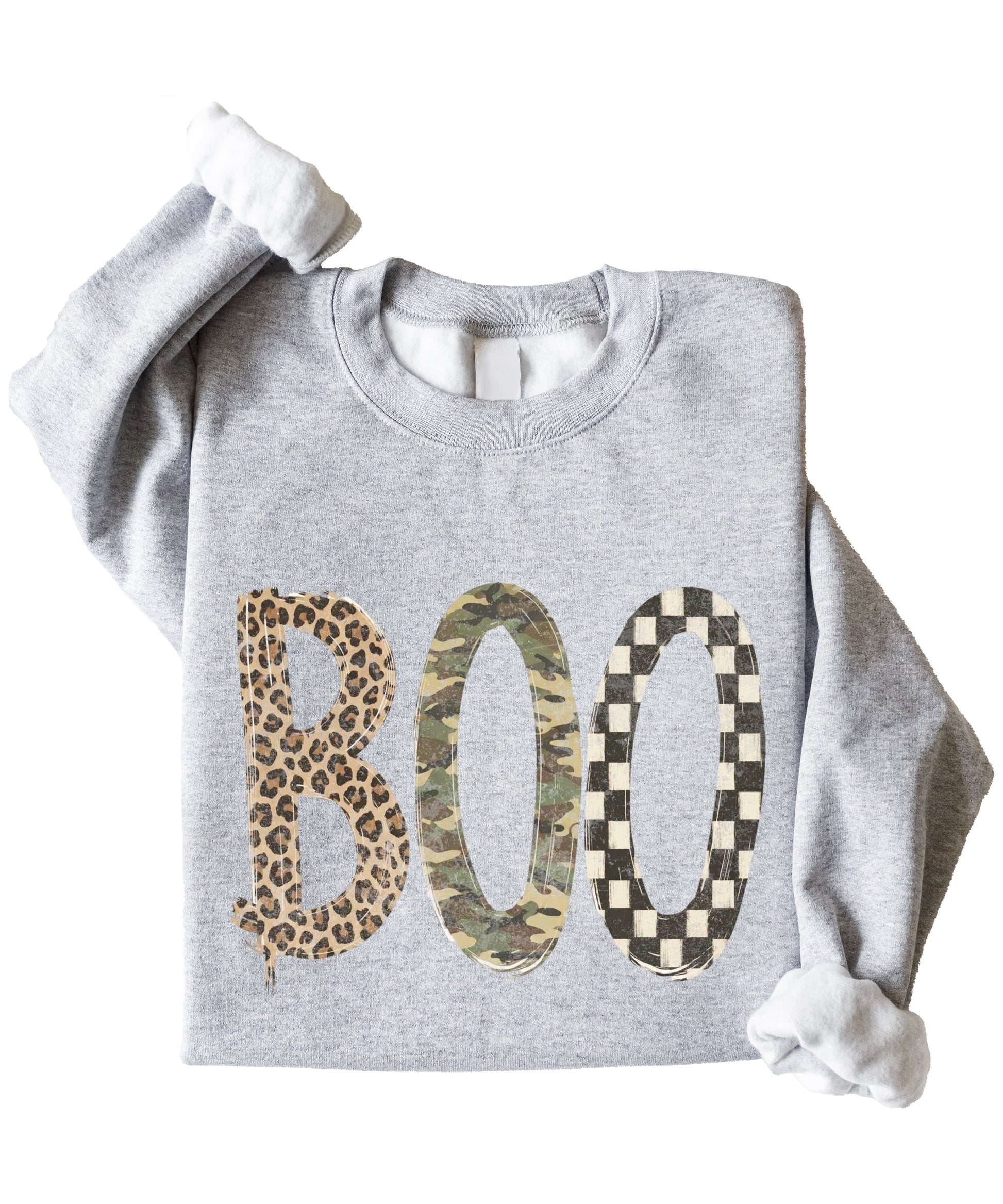 Halloween Boo sweatshirt in Gray with leopard, camo and checkered boo graphic, flat lay