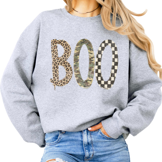 Halloween Boo sweatshirt in Gray with leopard, camo and checkered boo graphic, lifestyle view