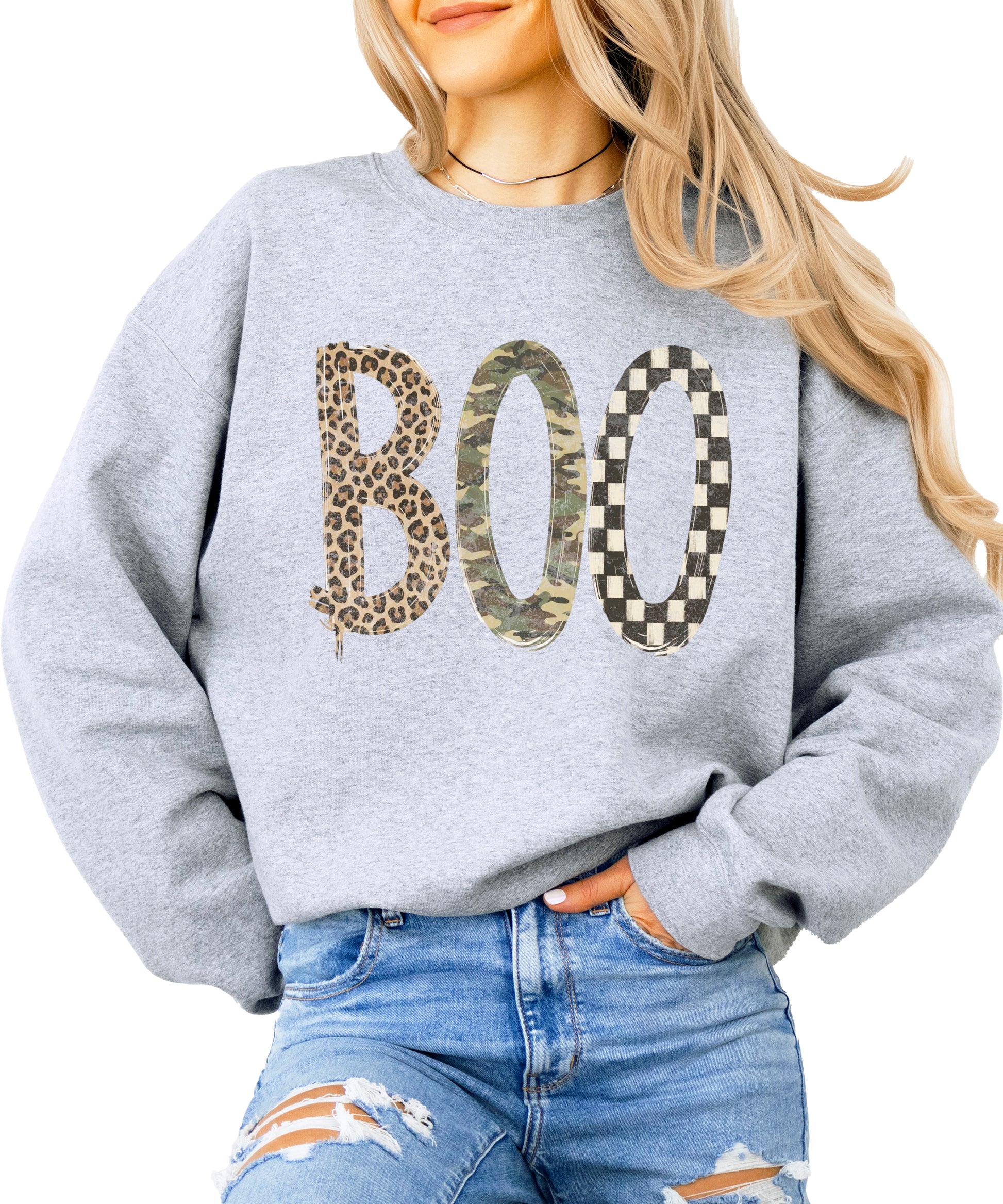 Halloween Boo sweatshirt in Gray with leopard, camo and checkered boo graphic, lifestyle view