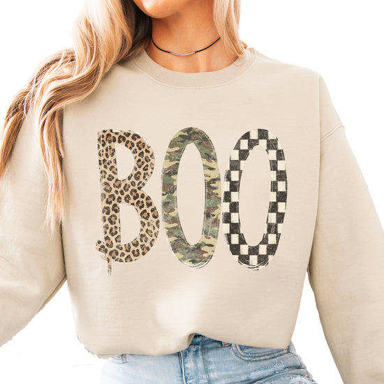 Halloween Boo sweatshirt in Sand with leopard, camo and checkered boo graphic, front view