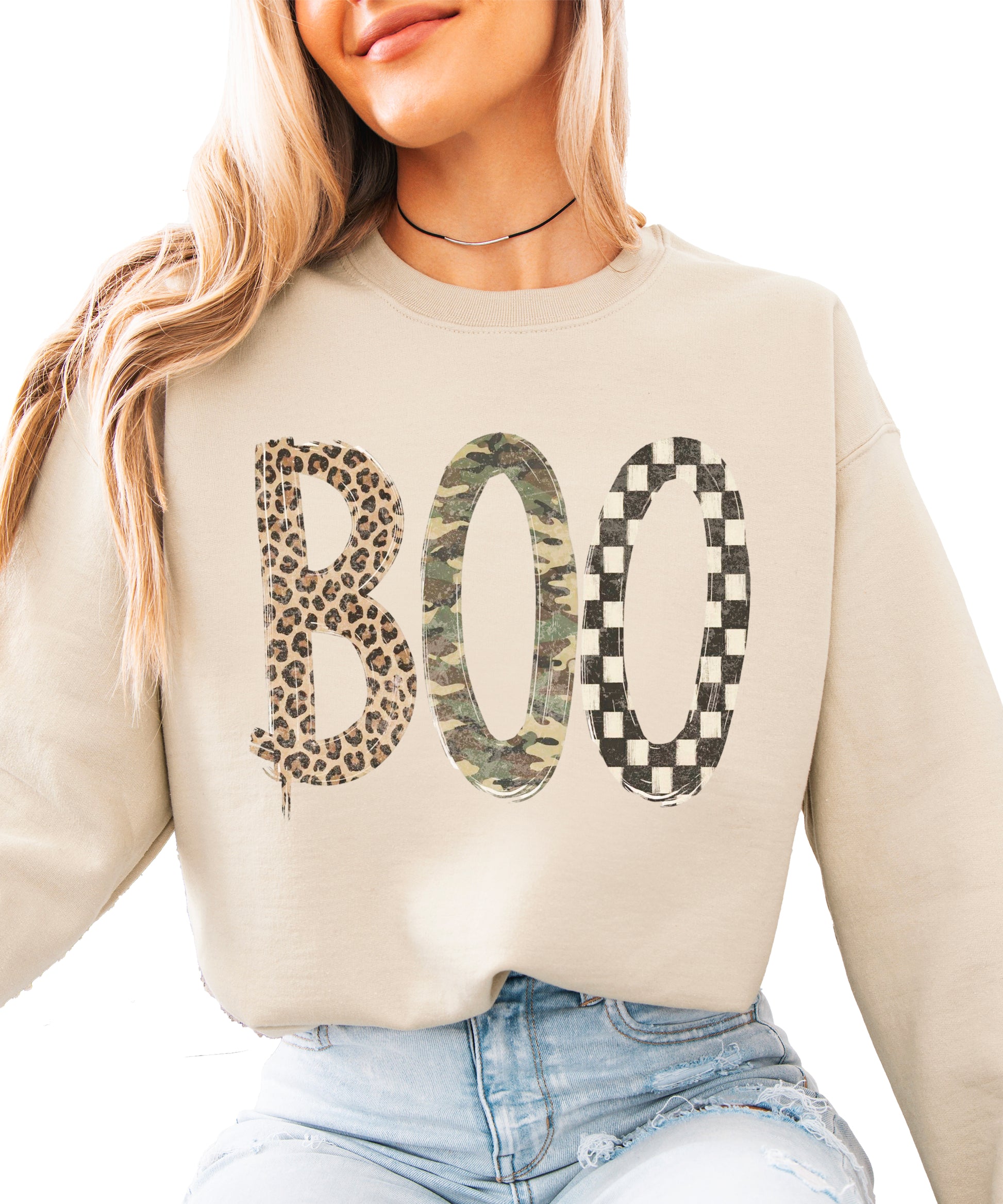 Halloween Boo sweatshirt in Sand with leopard, camo and checkered boo graphic, front view