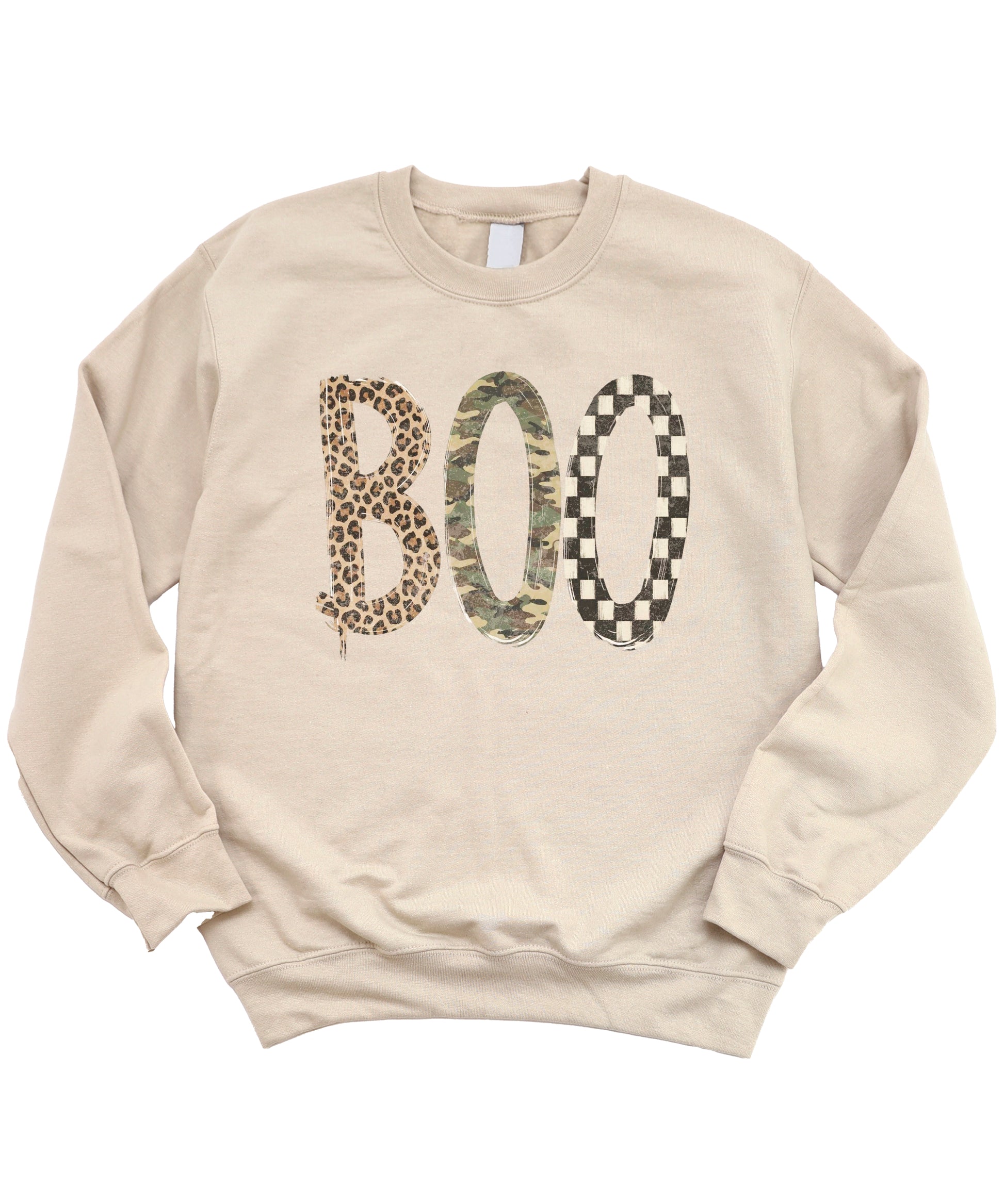 Halloween Boo sweatshirt in Sand with leopard, camo and checkered boo graphic, flat lay