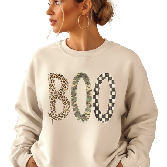 Halloween Boo sweatshirt in Sand with leopard, camo and checkered boo graphic, lifestyle view