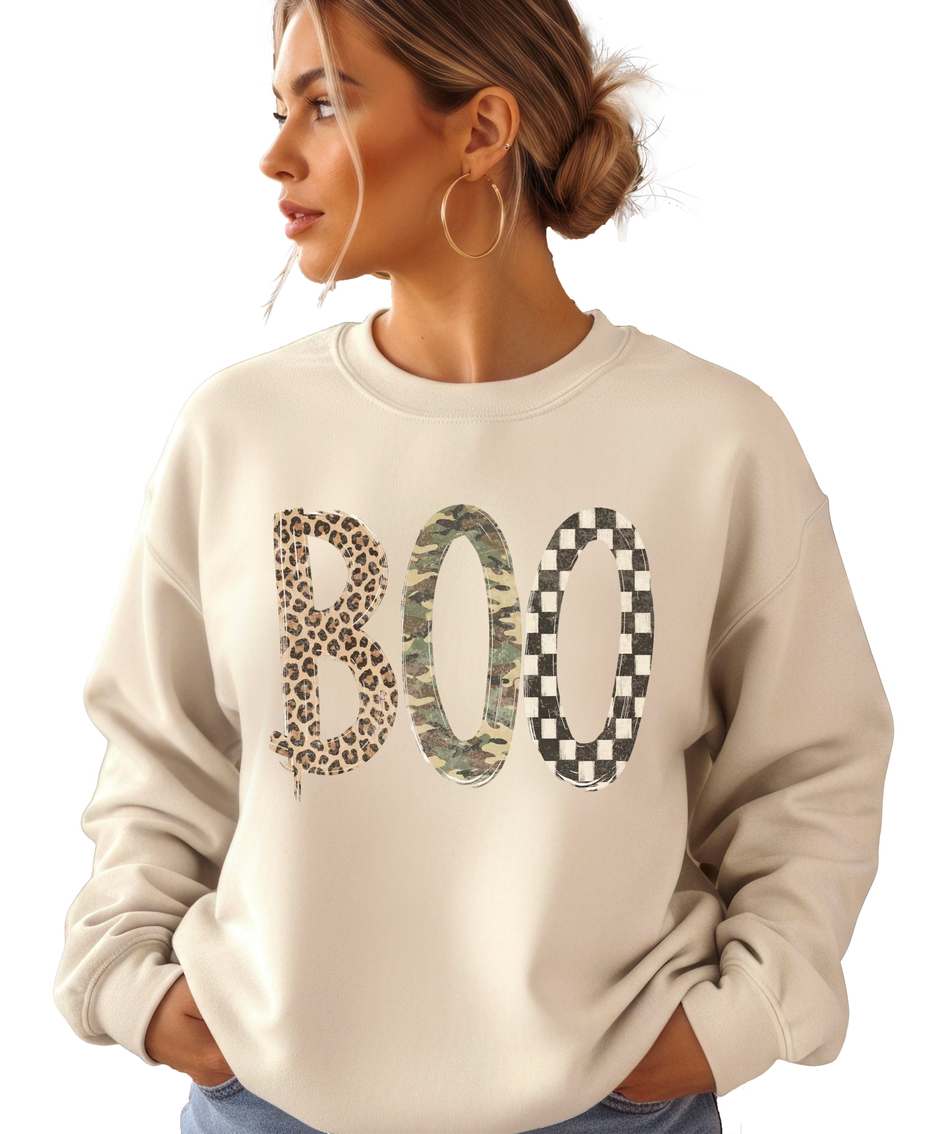 Halloween Boo sweatshirt in Sand with leopard, camo and checkered boo graphic, lifestyle view