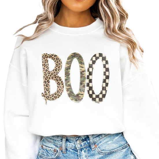 Halloween Boo sweatshirt in White with leopard, camo and checkered boo graphic, front view
