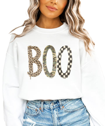 Halloween Boo sweatshirt in White with leopard, camo and checkered boo graphic, front view