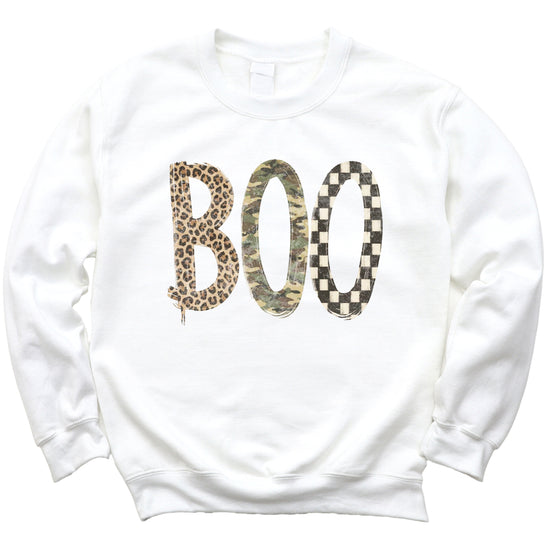 Halloween Boo sweatshirt in White with leopard, camo and checkered boo graphic, flat lay