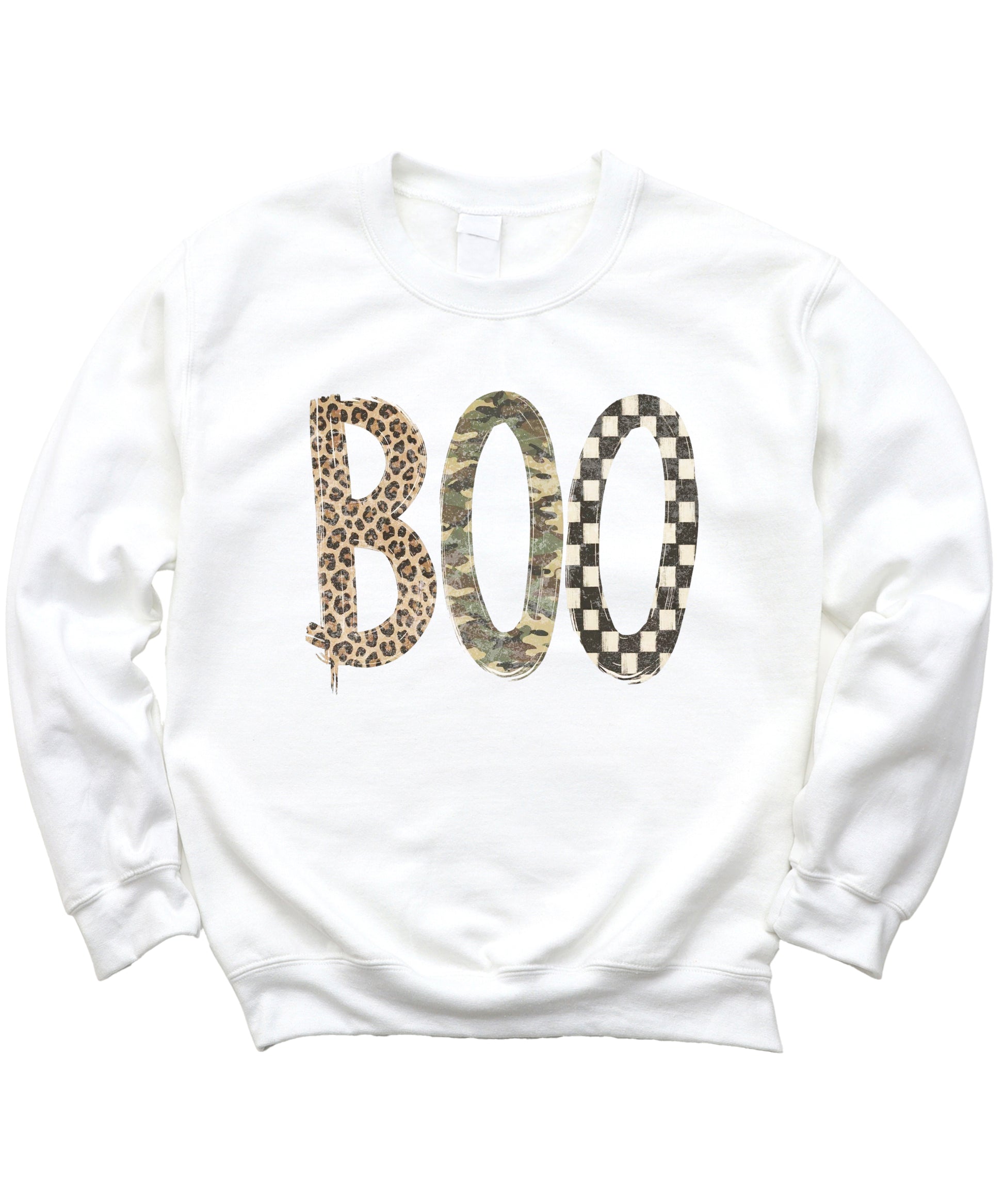 Halloween Boo sweatshirt in White with leopard, camo and checkered boo graphic, flat lay