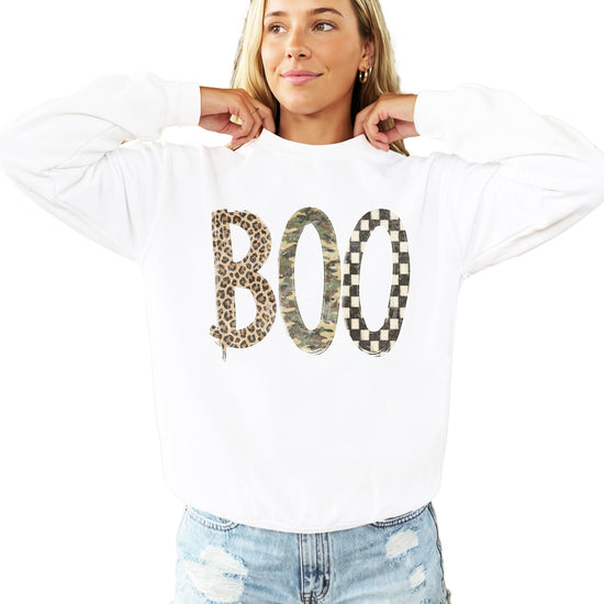 Halloween Boo sweatshirt in White with leopard, camo and checkered boo graphic, lifestyle view