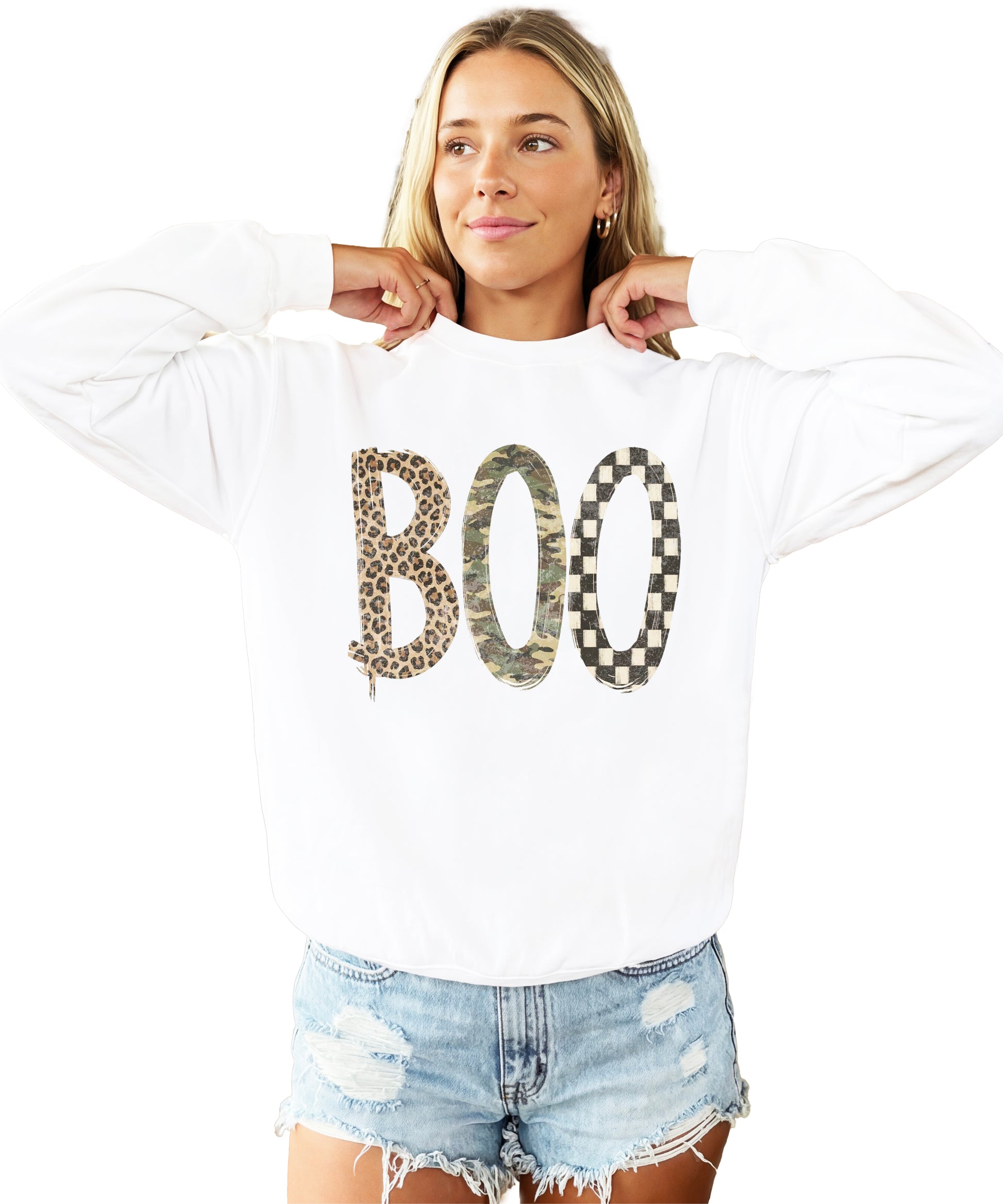 Halloween Boo sweatshirt in White with leopard, camo and checkered boo graphic, lifestyle view
