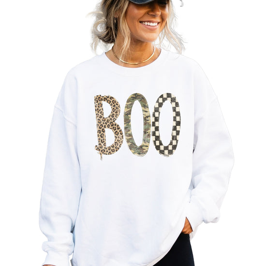 Halloween Boo sweatshirt in White with leopard, camo and checkered boo graphic, design close-up