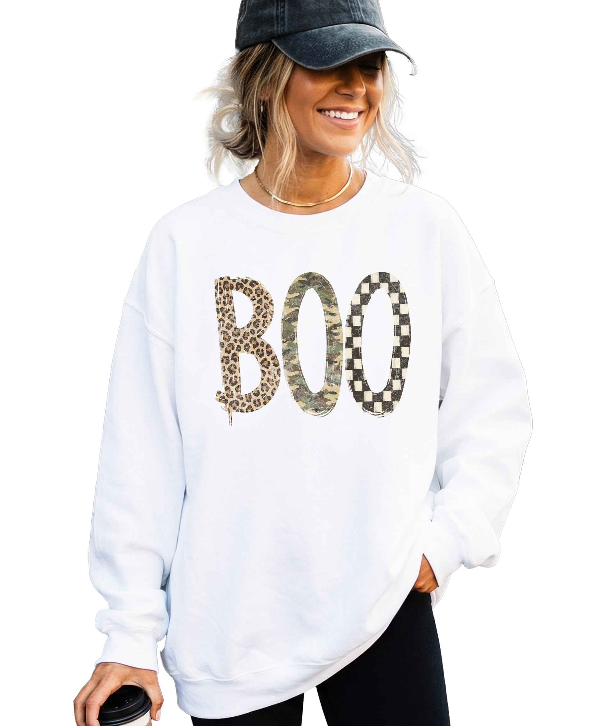 Halloween Boo sweatshirt in White with leopard, camo and checkered boo graphic, design close-up