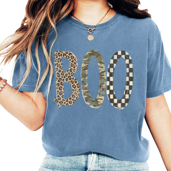 Blue Jean Boo Halloween shirt for women, leopard camo checkered BOO graphic tee, front view
