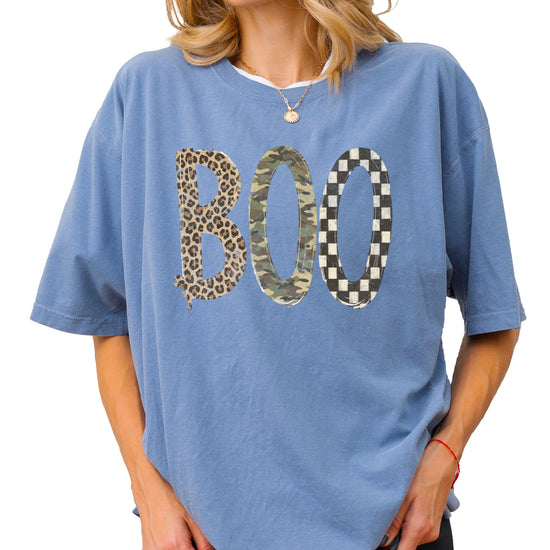 Blue Jean Boo Halloween graphic tee, leopard camo checkered BOO print detail
