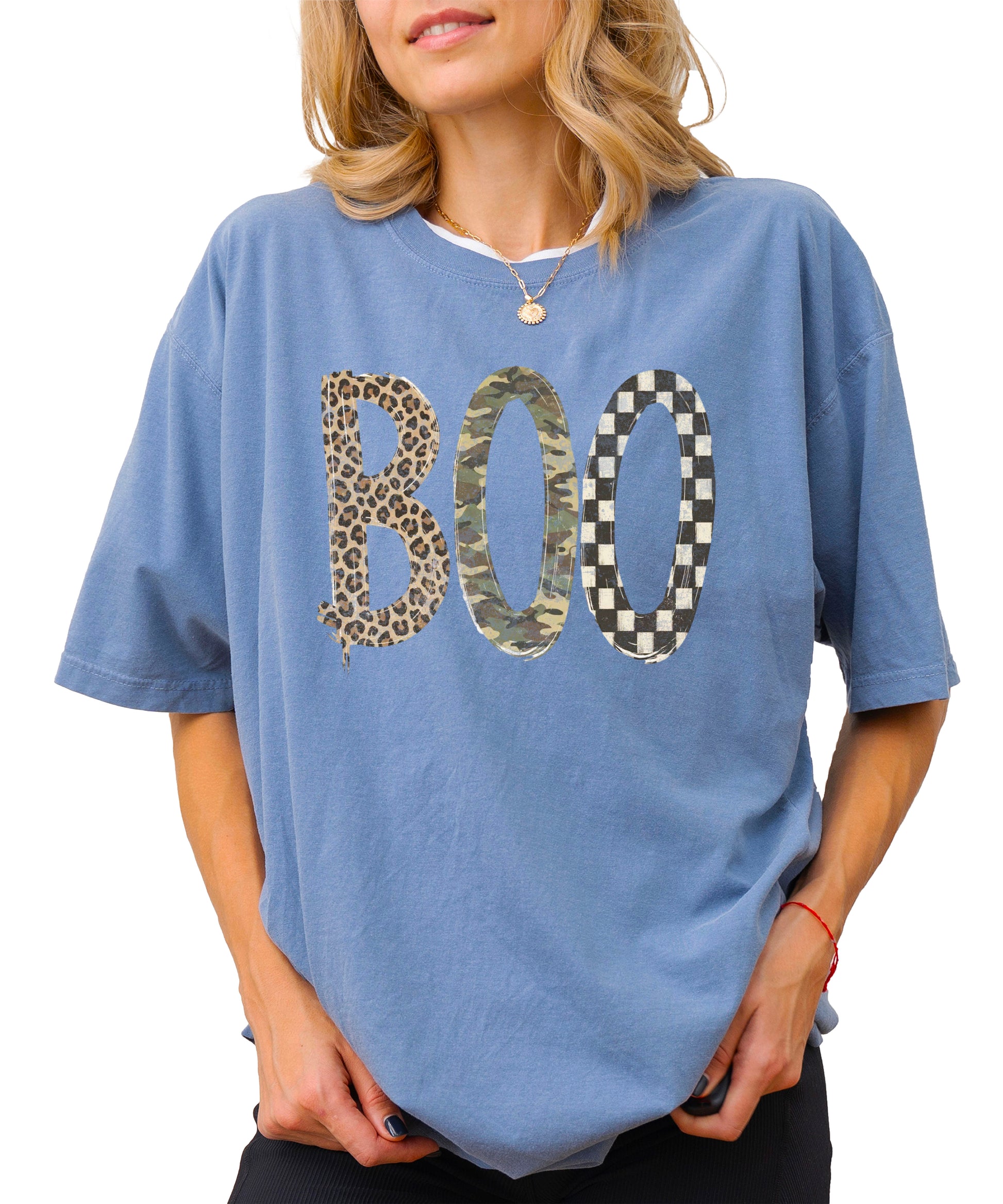 Blue Jean Boo Halloween graphic tee, leopard camo checkered BOO print detail