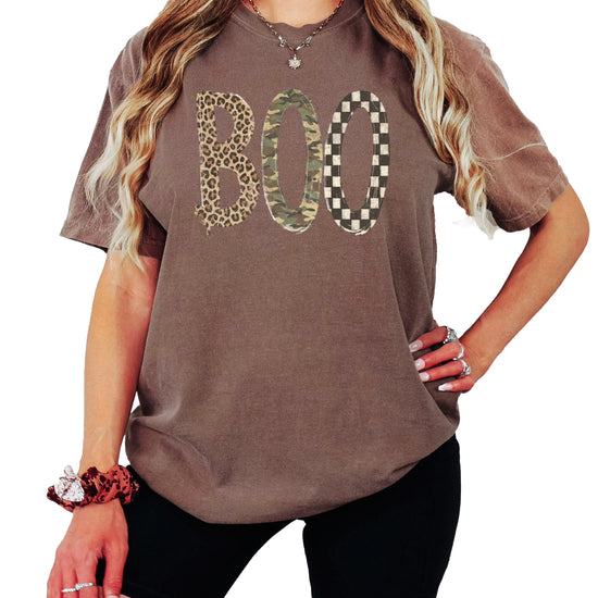 Espresso Boo Halloween shirt for women, leopard camo checkered BOO graphic tee, front view