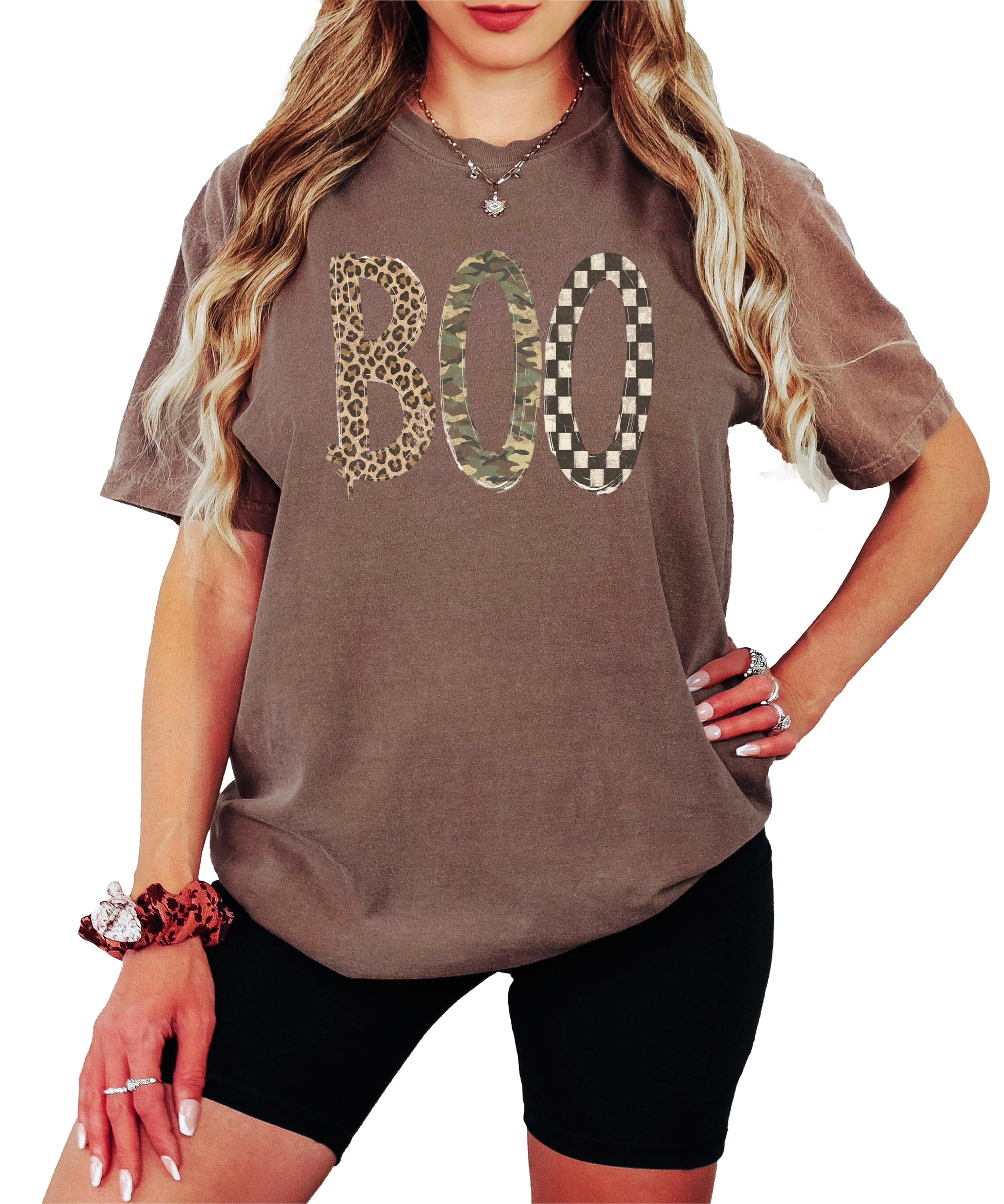 Espresso Boo Halloween shirt for women, leopard camo checkered BOO graphic tee, front view