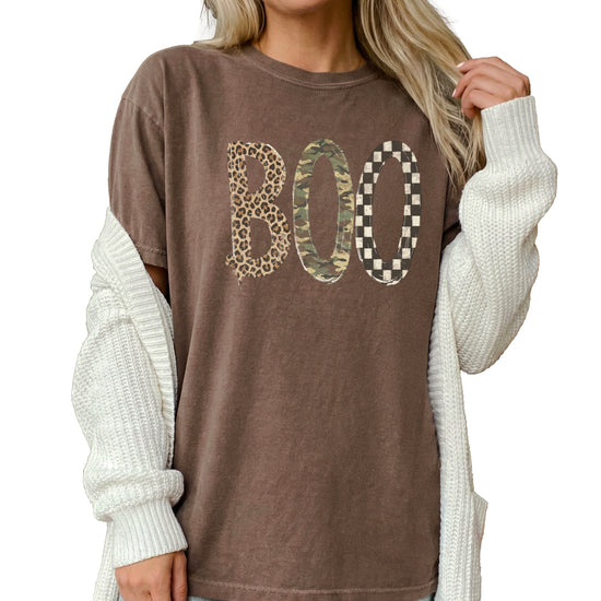 Espresso Boo Halloween graphic tee, leopard camo checkered BOO print detail