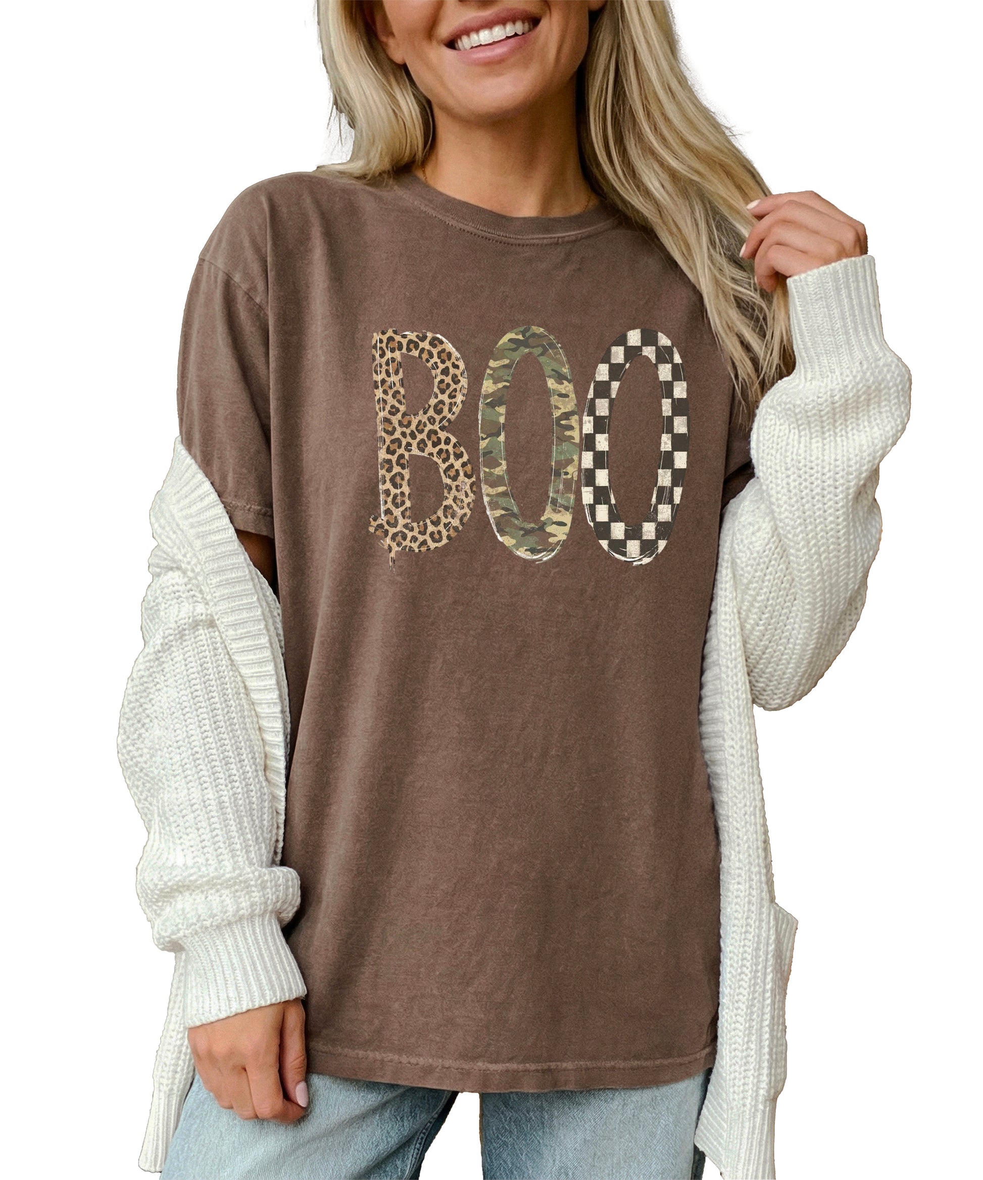 Espresso Boo Halloween graphic tee, leopard camo checkered BOO print detail