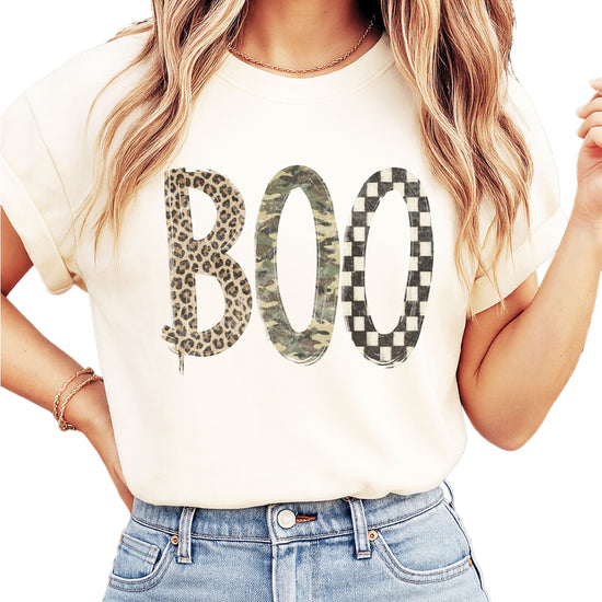 Ivory Boo Halloween shirt for women, leopard camo checkered BOO graphic tee, front view