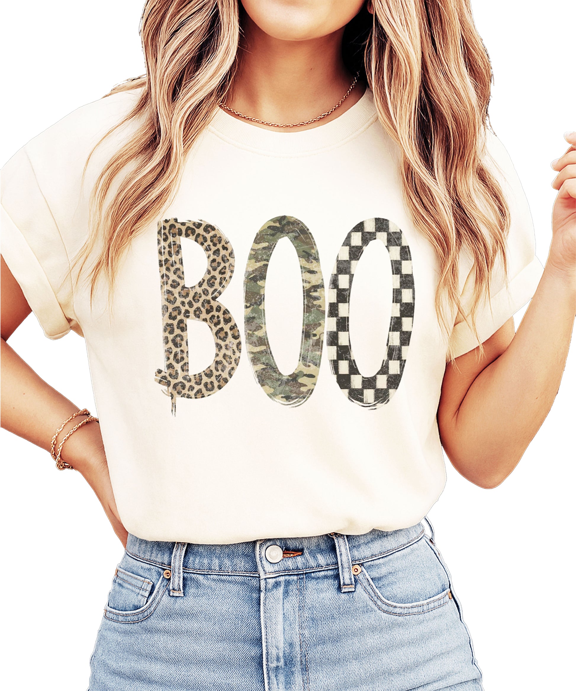 Ivory Boo Halloween shirt for women, leopard camo checkered BOO graphic tee, front view