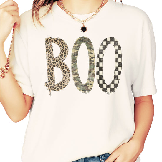 Ivory Boo Halloween graphic tee, leopard camo checkered BOO print detail