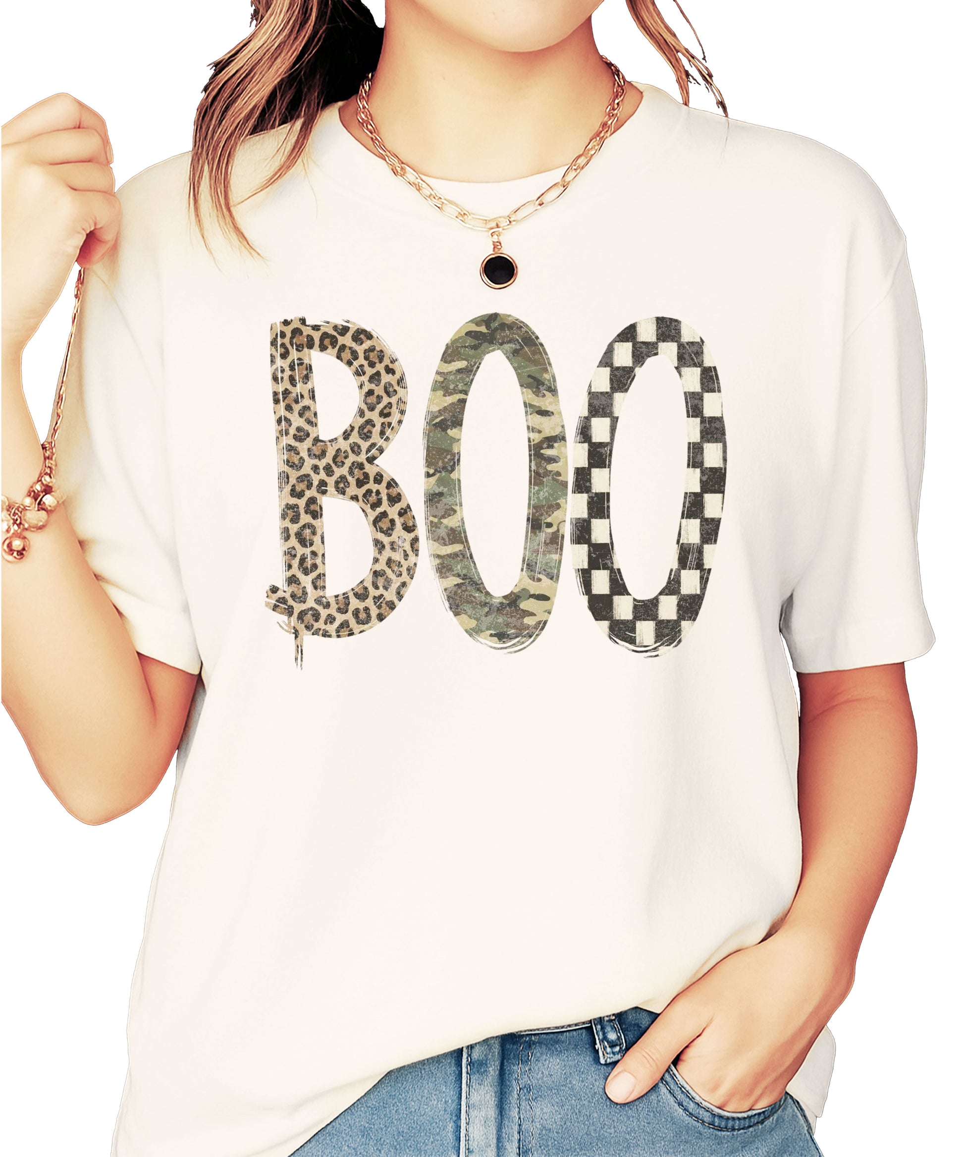 Ivory Boo Halloween graphic tee, leopard camo checkered BOO print detail