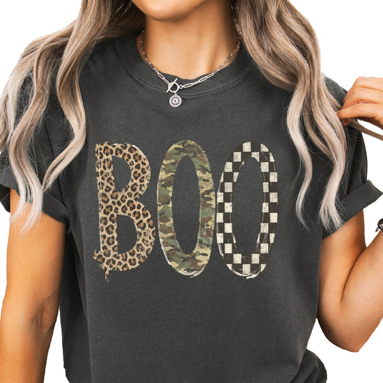 Pepper Boo Halloween shirt for women, leopard camo checkered BOO graphic tee, front view
