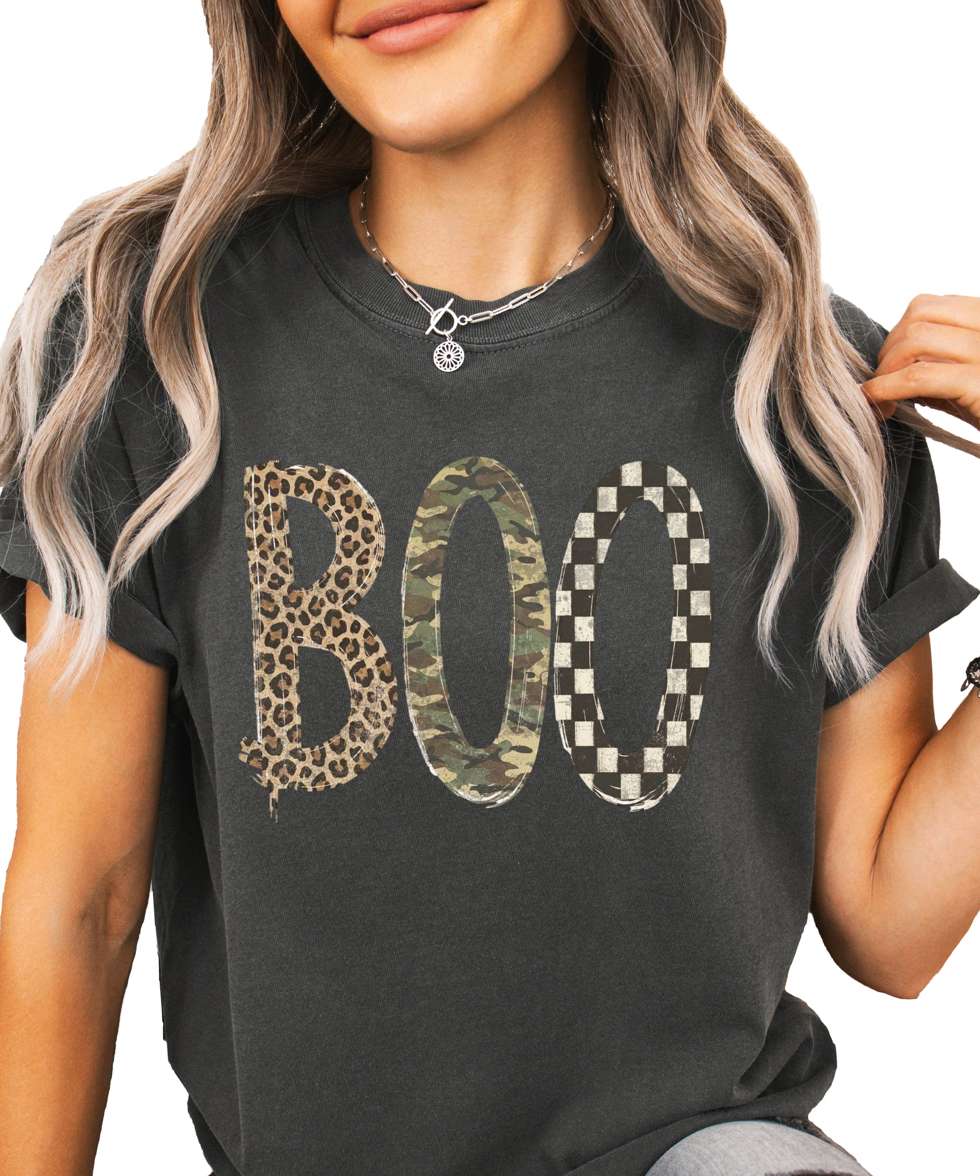 Pepper Boo Halloween shirt for women, leopard camo checkered BOO graphic tee, front view