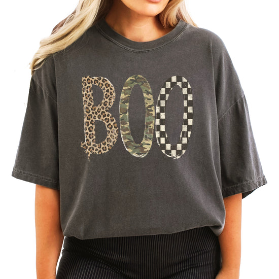 Pepper Boo Halloween graphic tee, leopard camo checkered BOO print detail