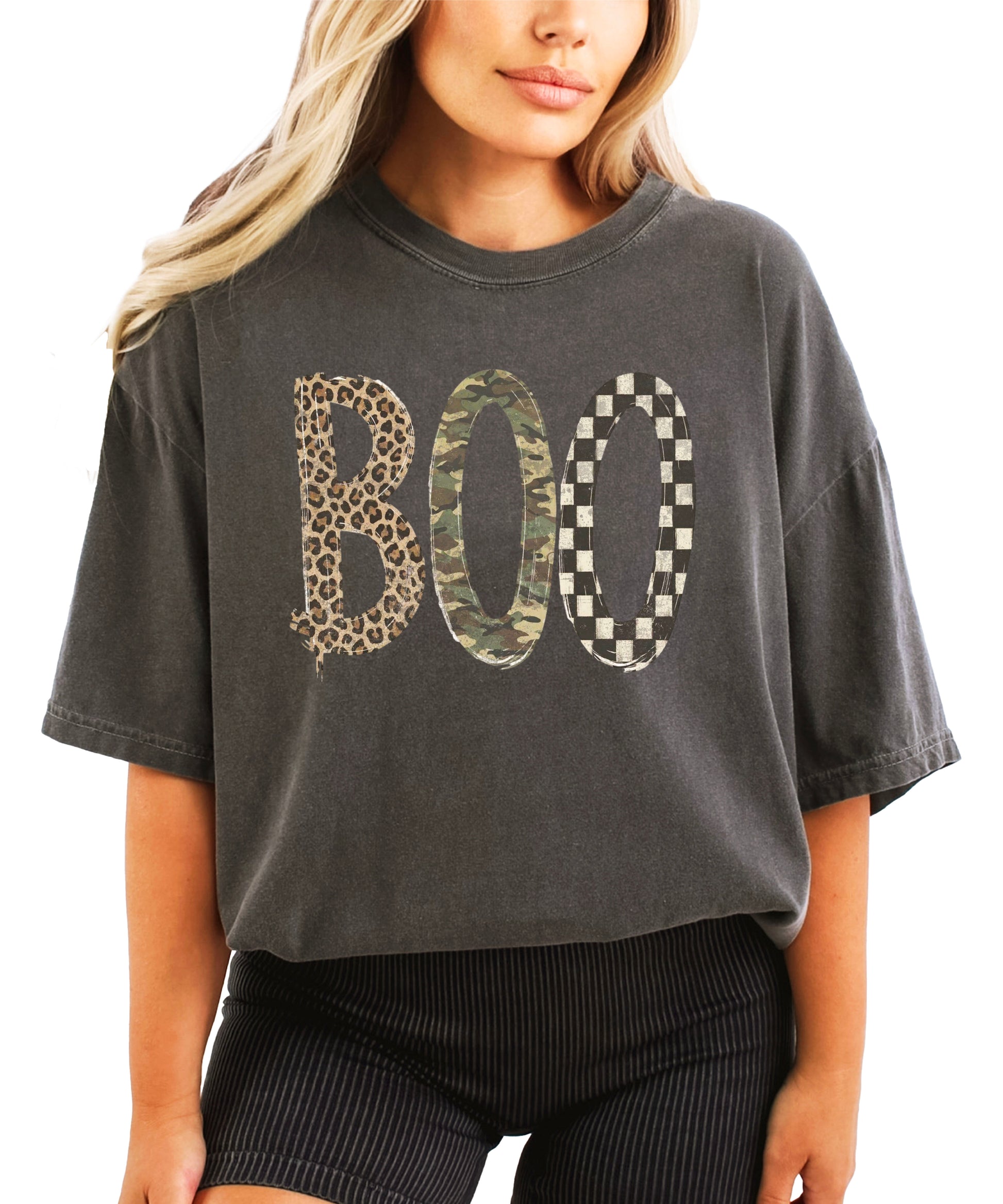 Pepper Boo Halloween graphic tee, leopard camo checkered BOO print detail
